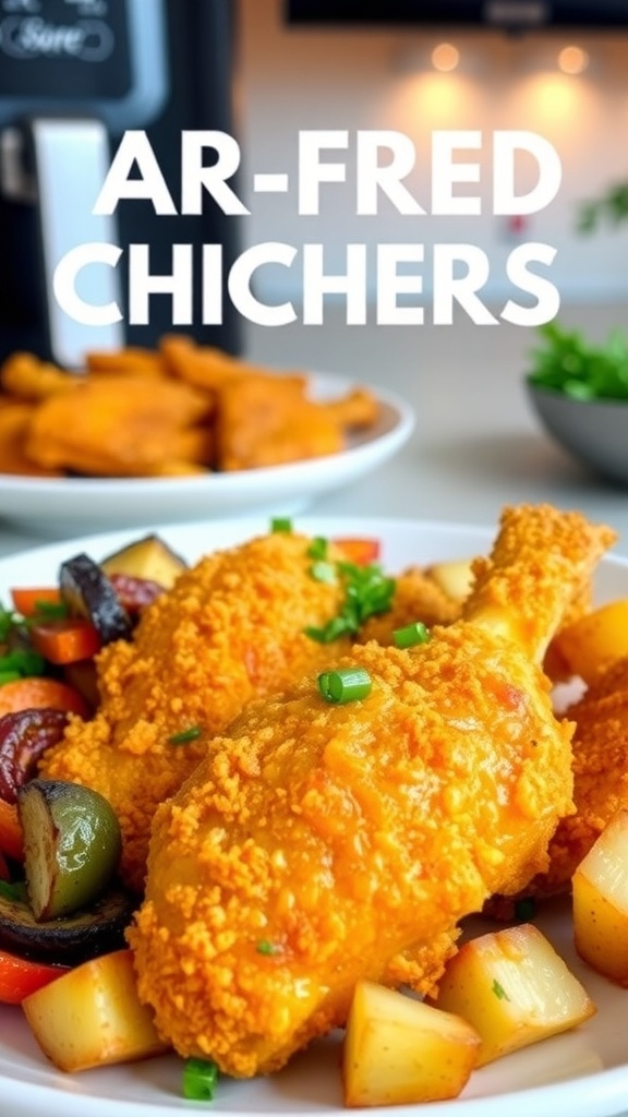 Crispy air-fried chicken tenders with roasted vegetables and potatoes on a plate.